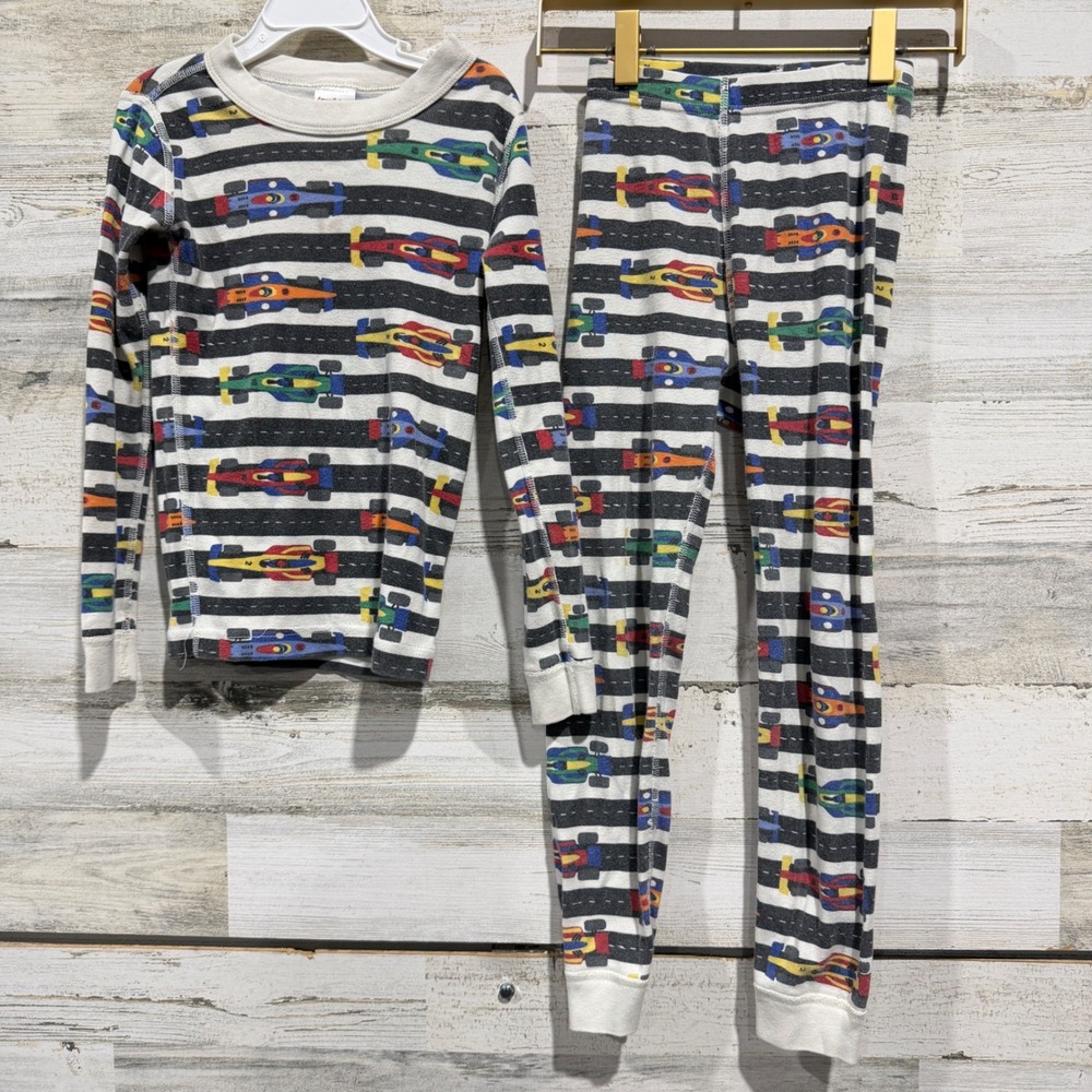 Hanna Andersson Pajama Set Kids 6-7 White Race Car Track Organic Cotton *Flawed